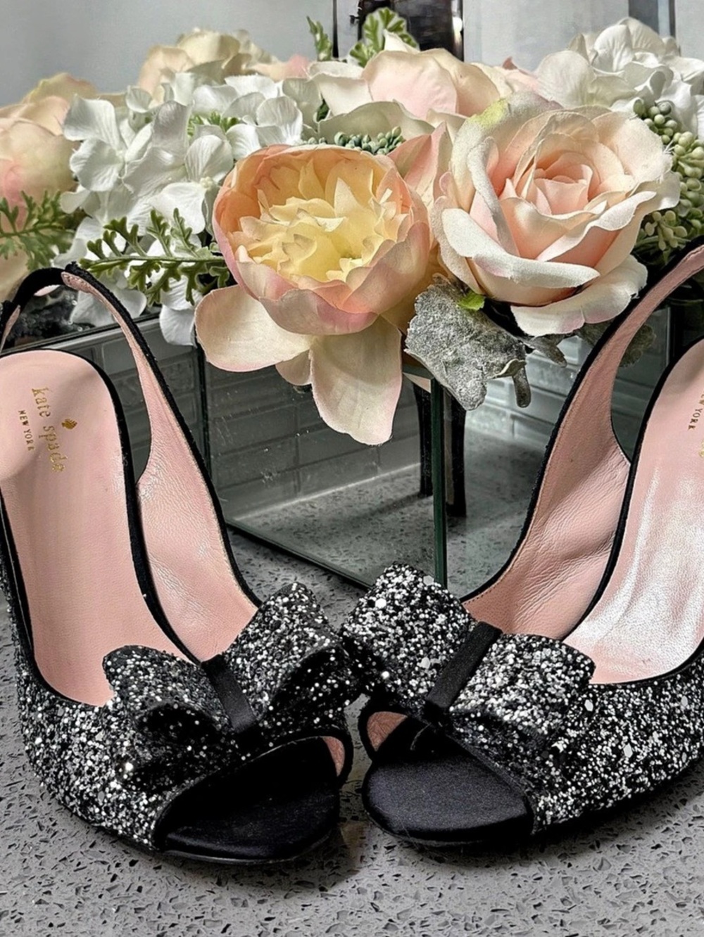 Kate Spade Glitter Bow Slingback Heels Black Glitter - US 10B